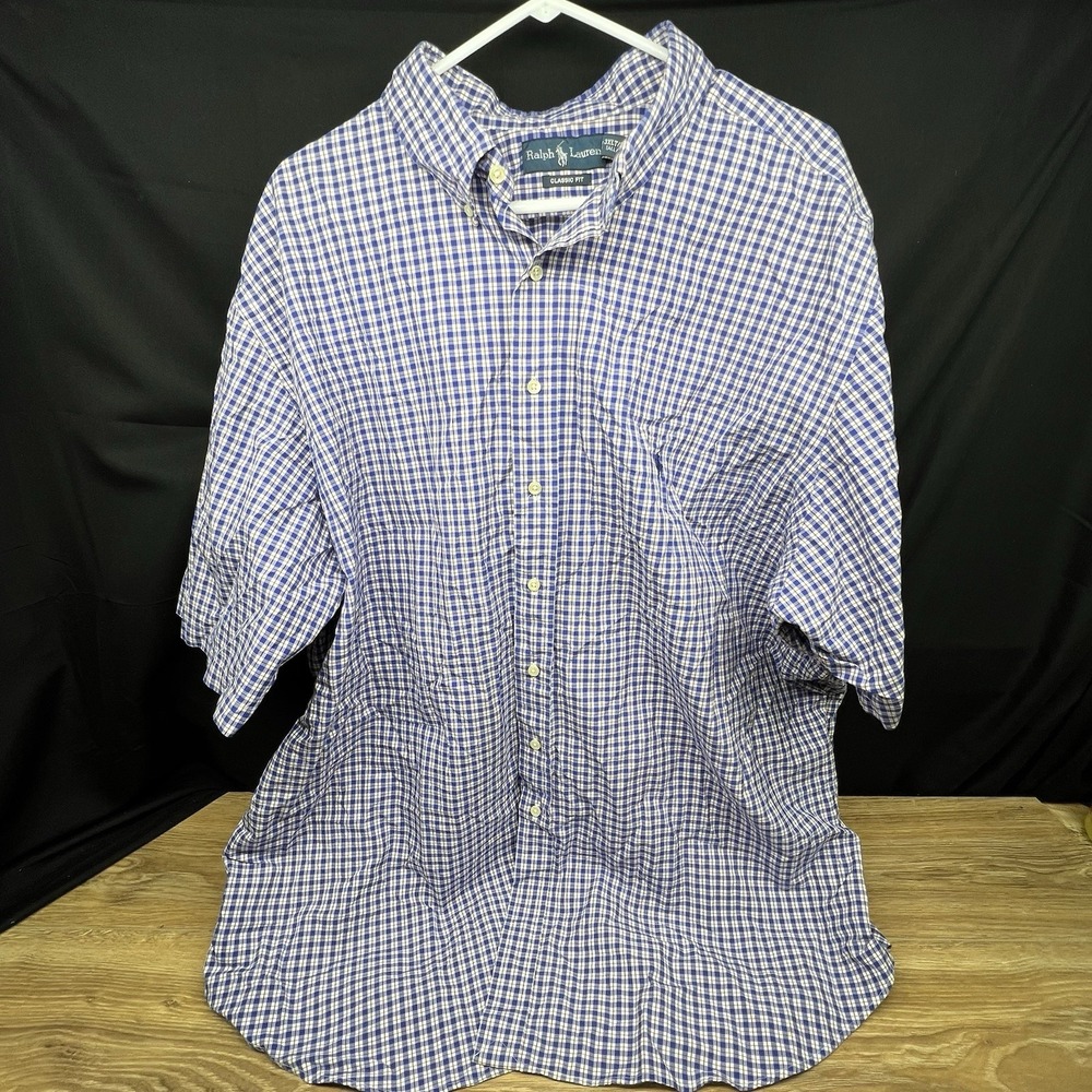Ralph Lauren Shirt  Mens Short Sleeve 3XLT Tall Long Blue Check Button Down